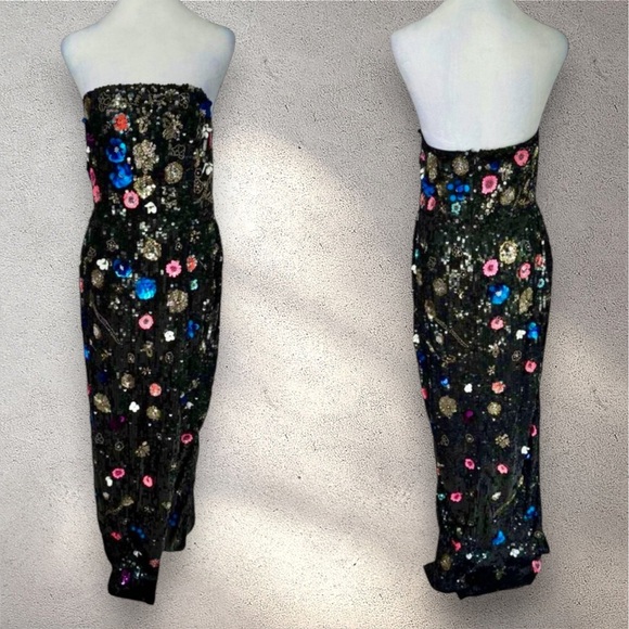MacDuggal Formal Gown Wedding Guest Strapless Sequin 3D Floral Slit Evening Prom - Picture 2 of 15